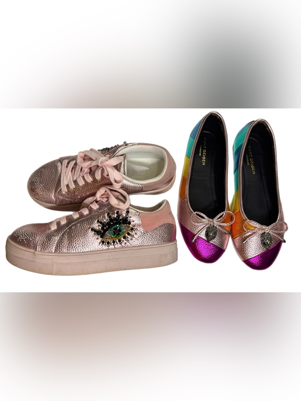 Kurt Geiger Bundle Girls Shoes Leather Beaded Sneakers + Rainbow Flats Size 4